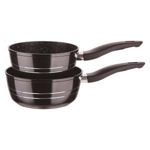 ROYALTYLINE FS2M-BLACK 2pc Set Cookware, Aluminum, Marble-coated, Dishwasher-safe, Induction-ready, 2*Saucepan, Glass Lid, Soft-touch handles, Black