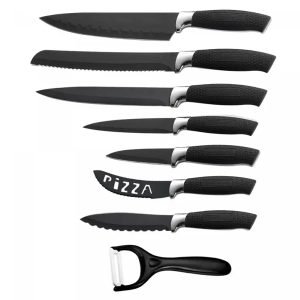 ROYALTYLINE BLK7-W 7pc Set Kitchen knife, Metal, Non-Stick Coating, Chef, Bread, Carving/Slicer, Utility, Pizza, Pairing Knives, Sharpener + Peeler, Box, Black
