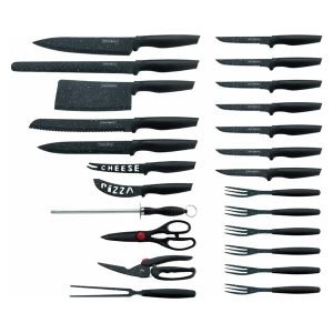 ROYALTYLINE MB24B 24pc Set Kitchen knife, Metal, Non-Stick Coating, Steak set, Knives, Scissors, Accessories, with Carrying Case, Black, 3 Year Warranty