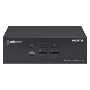 MANHATTAN 153539 4-Port KVM Switch, HDMI + Audio, Dual Monitor, with Cables, Black