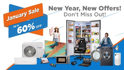 january sale banner promotiong up to 60 percent discount on may items