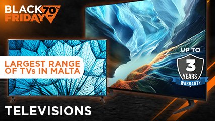 televisions category banner, the largest range of tvs in malta, discounts of up to 60%