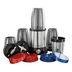RUSSELLHOBBS 23180 Nutri Boost 700ml Smoothie Maker, 700W, Dishwasher-safe, Multi-Blender 3x700ml + 2x350ml, 3 x Solid Lids, Travel Lid with Spout, Shaker Lid with Holes, Silver