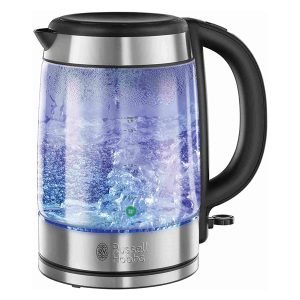 RUSSELLHOBBS 21600-10 Glass Jug Electric Kettle, 1.7Ltr, 3000W, Blue LED lighting, Stainless Steel, Silver/Black