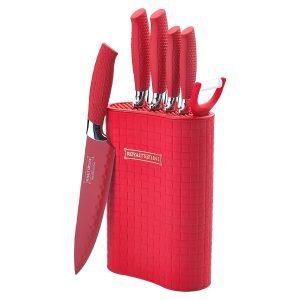 ROYALTYLINE 6MSTR 6pc Set Kitchen knife, Metal, Non-Stick Coating, Chef, Bread, Carving/Slicer, Utility, Pairing Knives, Peeler, Convenient Stand, Red, 3 Year Warranty