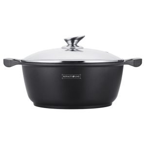 ROYALTYLINE BS28ML 28cm Casserole Pot Cookware, Cast Aluminum, Marble-coated, Induction-ready, Glass Lid, 5.7Ltr, BIO antibacterial coating, Insulated handles, Black, 3 Year Warranty