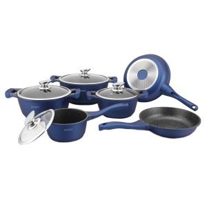 ROYALTYLINE BS1010M-BU 6pc Set Cookware, Cast Aluminum, Marble-coated, Dishwasher-safe, Induction-ready, 3*Casserole, 1*Saucepan, 2*Frypan, 4*Glass Lids, Copper, Blue, 3 Year Warranty