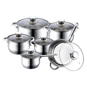 ROYALTYLINE 1231 6pc Set Cookware Stainless-Steel, Dishwasher-safe, Induction-ready, 5*Casserole, 1*Frypan, 6*Glass Lids, Silver, 3 Year Warranty