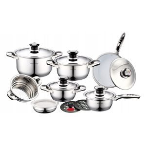 ROYALTYLINE 16B 6pc Set Cookware, Stainless-Steel, Dishwasher-safe, Induction-ready, 3*Casserole, 1*Saucepan, 1*Frypan, 1*Streamer, 1* Mixing Bowl with Plastic Lid, Suction knob, 2*Bakelite mat, 5*Steel Lids, Silver, 3 Year Warranty
