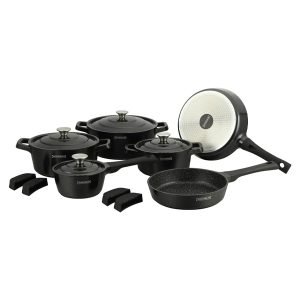 ROYALTYLINE OS1014-BK 6pc Set Cookware, Cast Aluminum, Dishwasher-safe, Induction-ready, 3*Casserole, 1*Saucepan, 2*Frypan, 4*Glass Lids, 4*Silicone Handles, Black