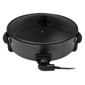 ROYALTYLINE RL-PP18214W Party Pan 1500W, Non-stick coating pan with divider, 42cm*9cm, Glass lid, 120℃-220℃, Removable adjustable thermostat, Heat-insulated handles, Black, 3 Year Warranty
