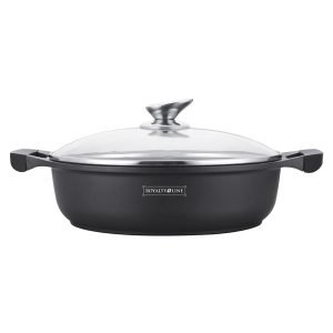 ROYALTYLINE BR28ML 28cm Casserole Shallow-Pot Cookware Cast Aluminum, Marble-coated, Induction-ready, Dishwasher-safe, Glass Lid, 4.0Ltr, Insulated handles, Black, 3 Year Warranty