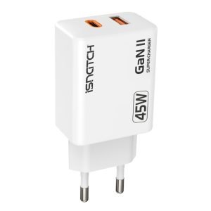 ISNATCH 59180535 Wall Charger, 45W, Fast Charging, 1* USB-C, 1* USB-A, EU-Plug, White
