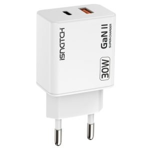 ISNATCH 59180516 Wall Charger, 30W, Fast Charging, 1* USB-C, 1* USB-A, EU-Plug, White