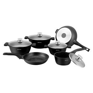 HERZOG 16STM-BK 6pc Set Cookware Cast Aluminum, Marble-coated, Dishwasher-safe, Induction-ready, 3*Casserole, 1*Saucepan, 2*Frypan, 4*Glass Lids, 4*Removable Silicone Handles, Black, 3 Year Warranty