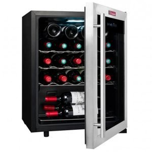 LASOMMELIERE LS24A 23 Bottles Wine Cooler, Free-Standing, One-zone, 3 shelves, 1 half shelve at the bottom, 23x0.75Ltr bottles, LED Lighting, Anti-Vibration System, G(new), Silver, H63.0xW48.0xD43.0 cm